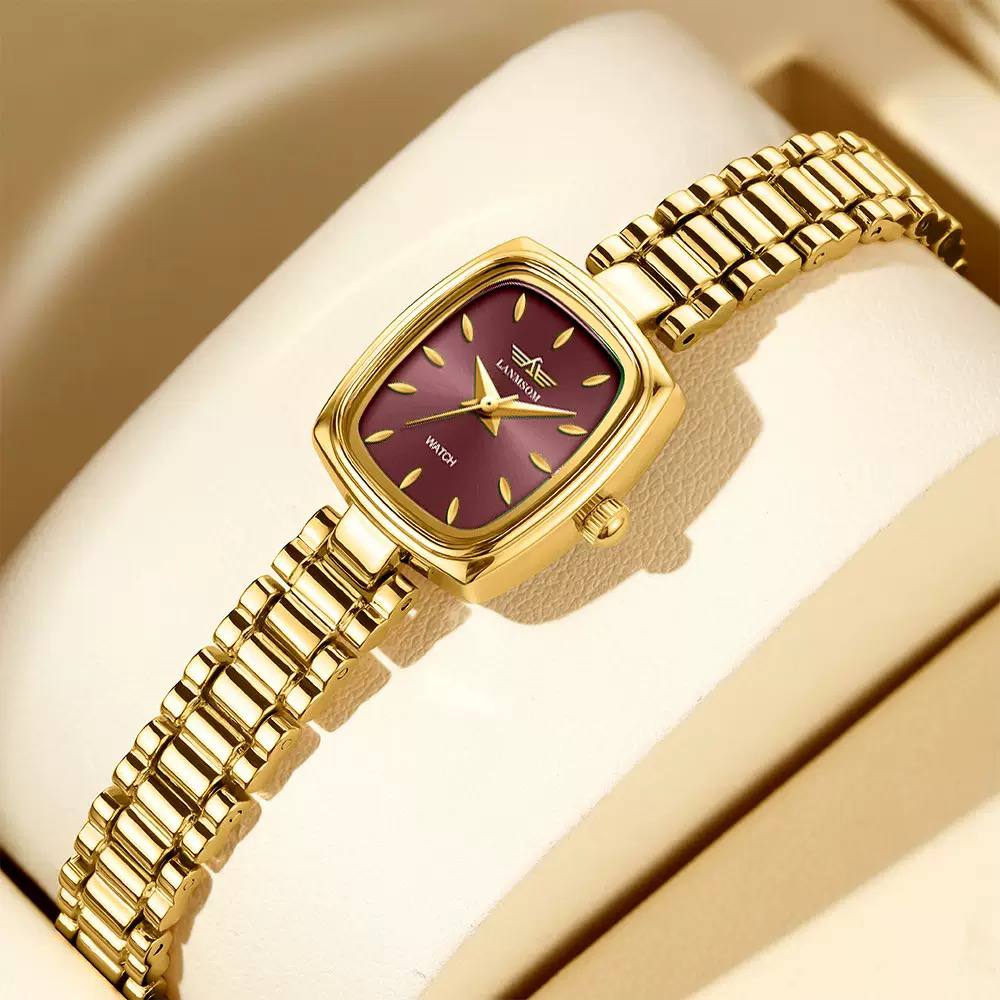 Luxury Women’s Gold-Tone Square Watch – Elegant Maroon Dial