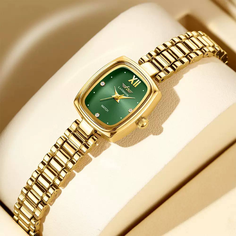 Luxury Women’s Gold-Tone Square Watch – Elegant Maroon Dial