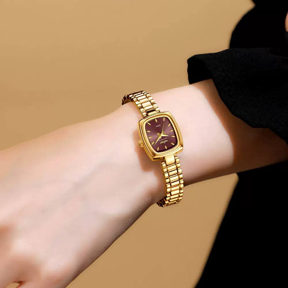 Luxury Women’s Gold-Tone Square Watch – Elegant Maroon Dial