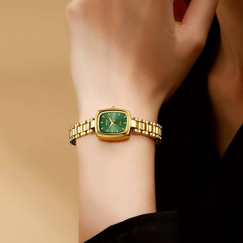 Luxury Women’s Gold-Tone Square Watch – Elegant Maroon Dial