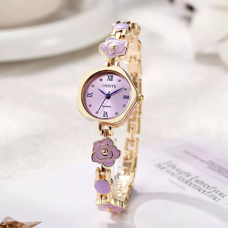 Luxury Women’s Gold-Tone Floral Watch – Elegant Lavender Dial